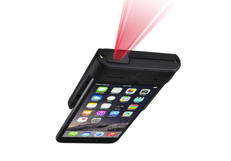 Infinea Tab M barcode reader for iPhone 6 Plus foreshortened view with scanner beam - ITM-O2D
